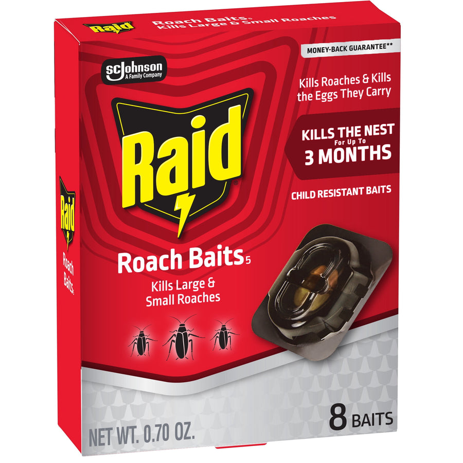 Red Raid Roach Baits retail box showing logo, bait station image and text about killing roaches and 8 baits