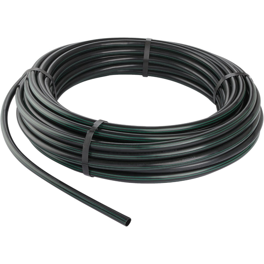Coiled black irrigation tubing with thin green longitudinal stripe, bound with straps on a white background.