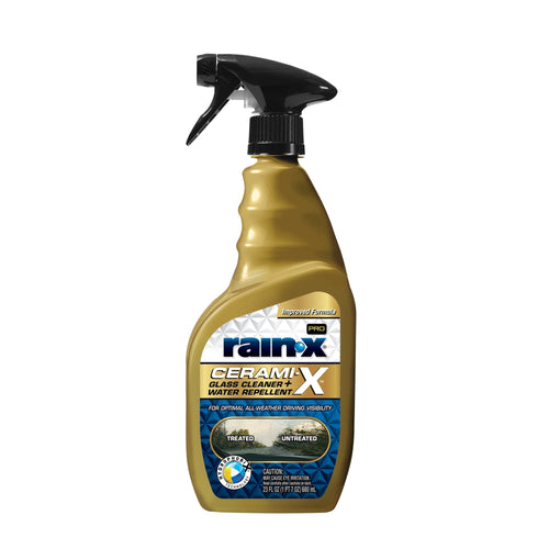 Gold Rain‑X Cerami‑X spray bottle with black trigger nozzle photographed against a white background