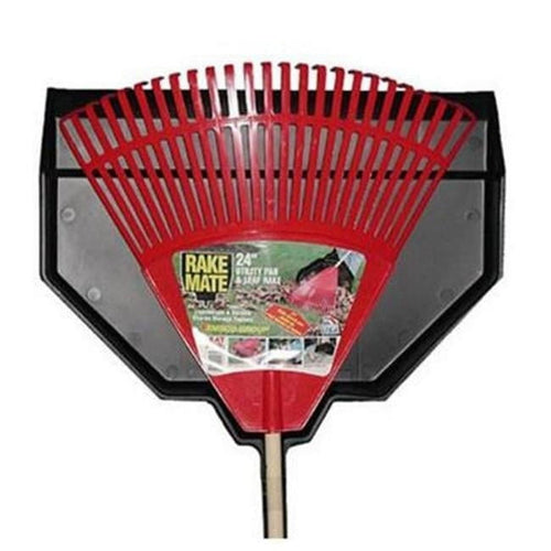 Rake Mate red resin 24" leaf rake head attached to a black utility pan with product label visible