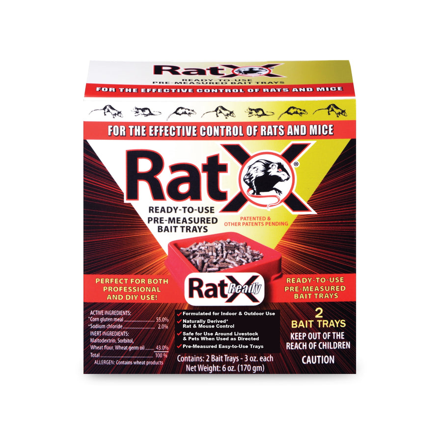 Front-facing RatX boxed packaging showing brand logo, product name and pre-measured bait tray illustration