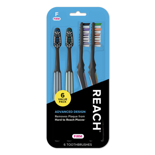 REACH value-pack blister card showing six firm, advanced-design angled-neck toothbrushes in assorted colors.