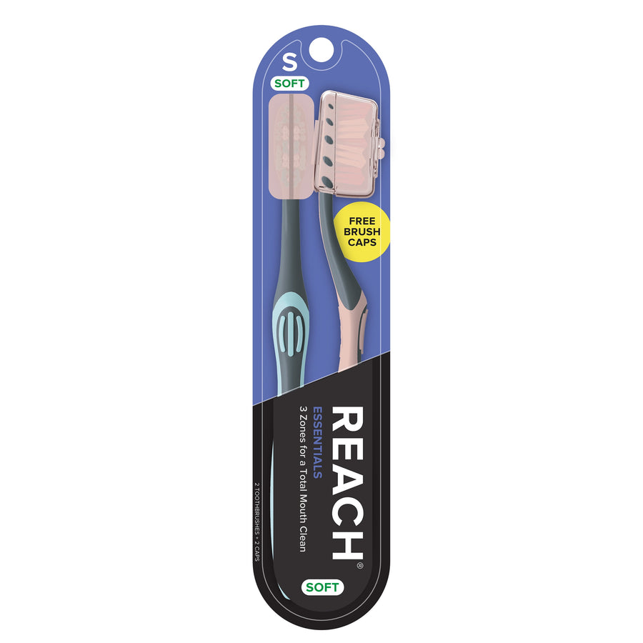Single Reach Essentials soft manual toothbrush in blister packaging with cap visible and product branding on card backing.