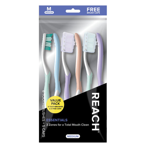 Packaged REACH Essentials toothbrush value pack showing multiple pastel-handled brushes with caps in retail pouch
