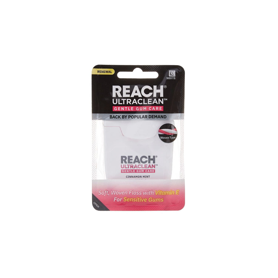 REACH Ultraclean Gentle Gum Care floss in retail blister pack with white floss container and pink accent packaging