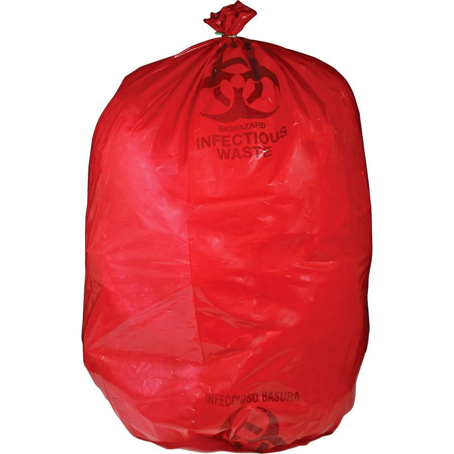 Filled red biohazard waste bag printed with biohazard symbol and 'INFECTIOUS WASTE' warning