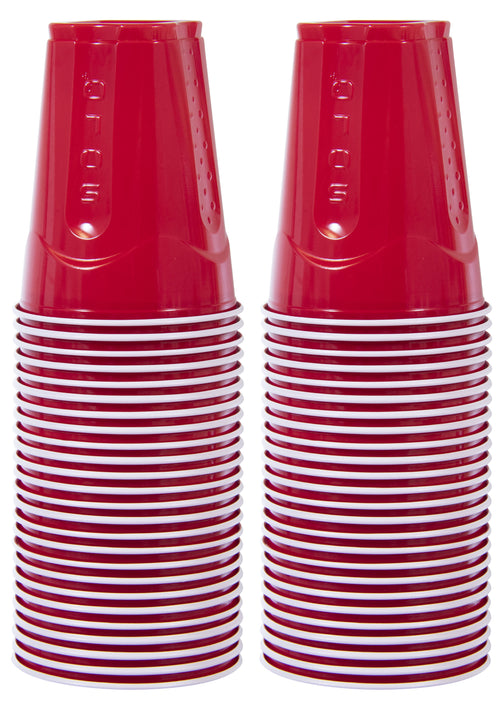 Two stacked columns of red Solo disposable plastic cups with visible embossed SOLO text and white rims.