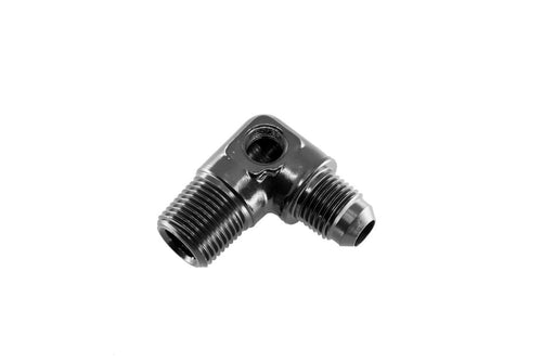 RedHorse Performance black anodized 90° 6AN to 1/4 in NPT male elbow adapter with a 1/8 in port