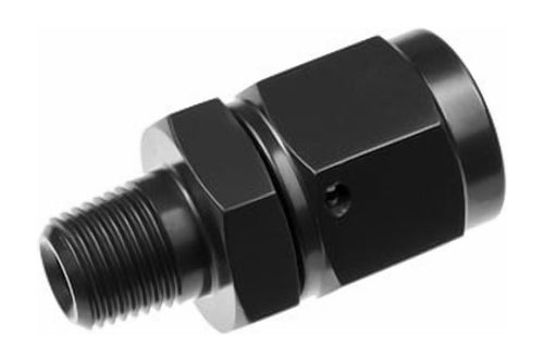 Black anodized RedHorse Performance swivel adapter with 8AN female-style hex body and threaded 1/4NPT male end