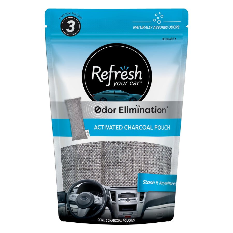 Resealable Refresh Your Car package showing activated charcoal pouches and car dashboard graphic
