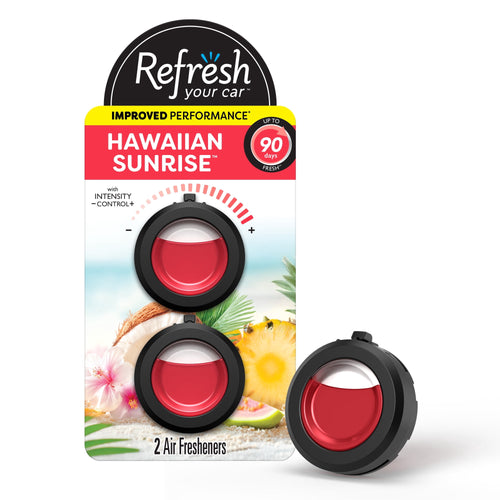 Refresh Your Car Hawaiian Sunrise vent-clip air fresheners on retail blister card with one unit displayed beside packaging