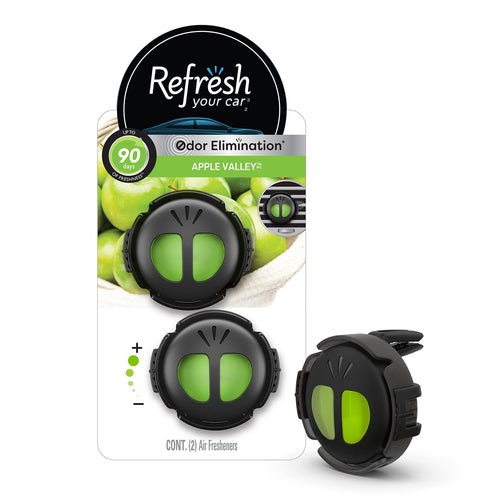 Retail blister pack showing two Refresh Your Car mini diffuser air fresheners with green Apple Valley inserts and branding