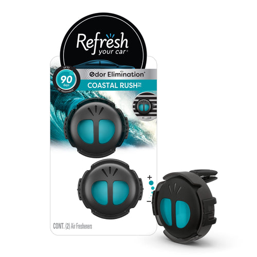Refresh Your Car Coastal Rush packaged card showing two black-and-teal mini diffusers and one loose clip-out diffuser