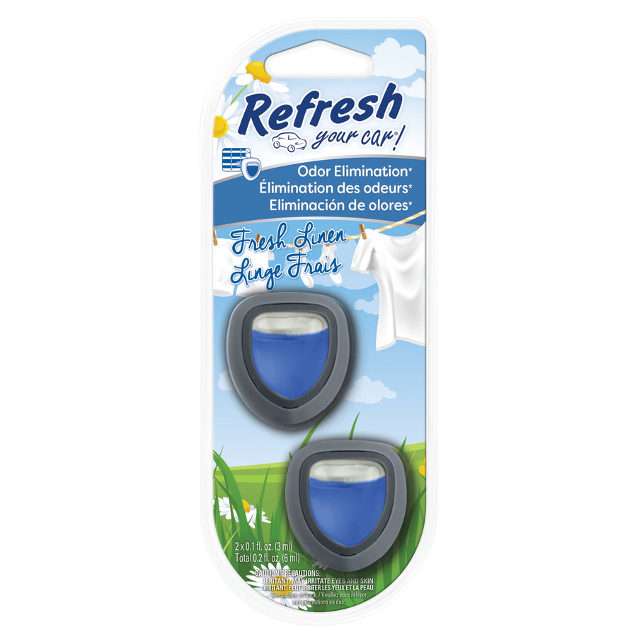 Blister pack showing two Refresh Your Car air freshener diffusers with blue gel and 'Fresh Linen' branding on sky-themed backing.