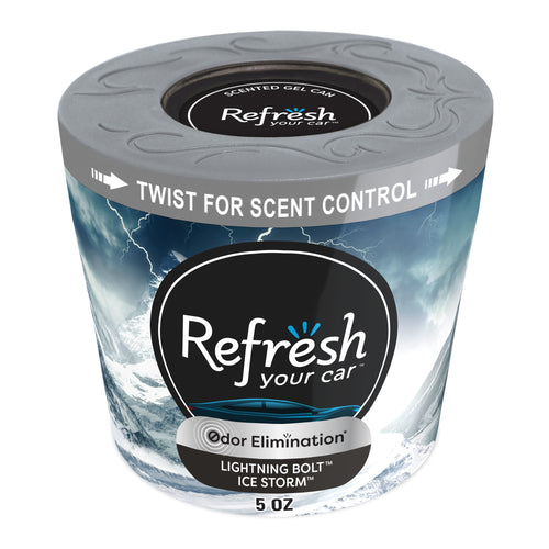 Close-up of a Refresh Your Car gel can with gray twist lid and lightning-themed label