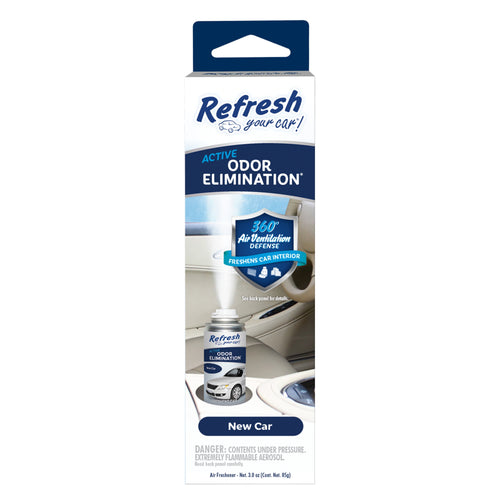 Tall retail box for Refresh Your Car odor elimination fogger with new car label and product image