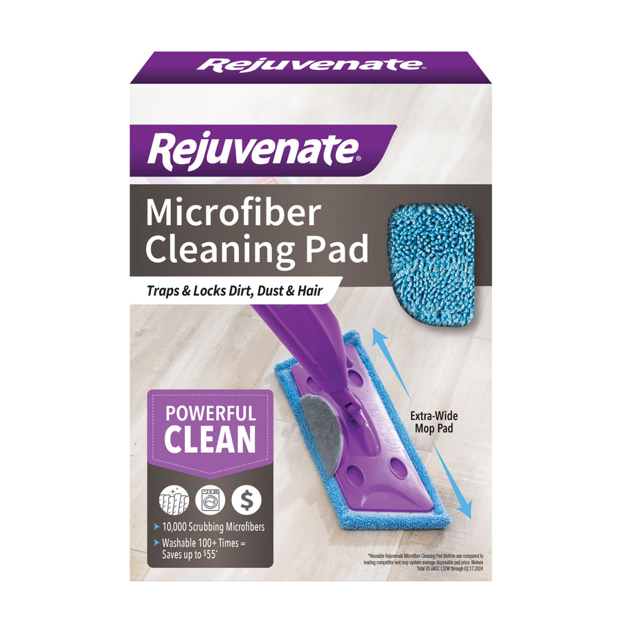 Boxed Rejuvenate Microfiber Cleaning Pad packaging showing purple mop head and blue microfiber pad on hardwood background.