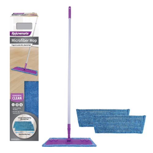 Rejuvenate microfiber mop kit with purple mop head, two blue reusable pads and product box on white background.