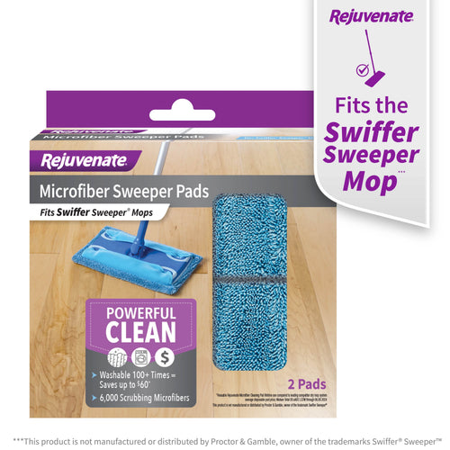 Rejuvenate packaged microfiber sweeper pads box showing product window, branding and callouts on a wood floor background.