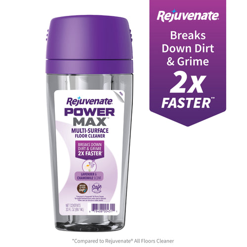 Clear refill cartridge with purple cap labeled Rejuvenate PowerMax multi-surface floor cleaner