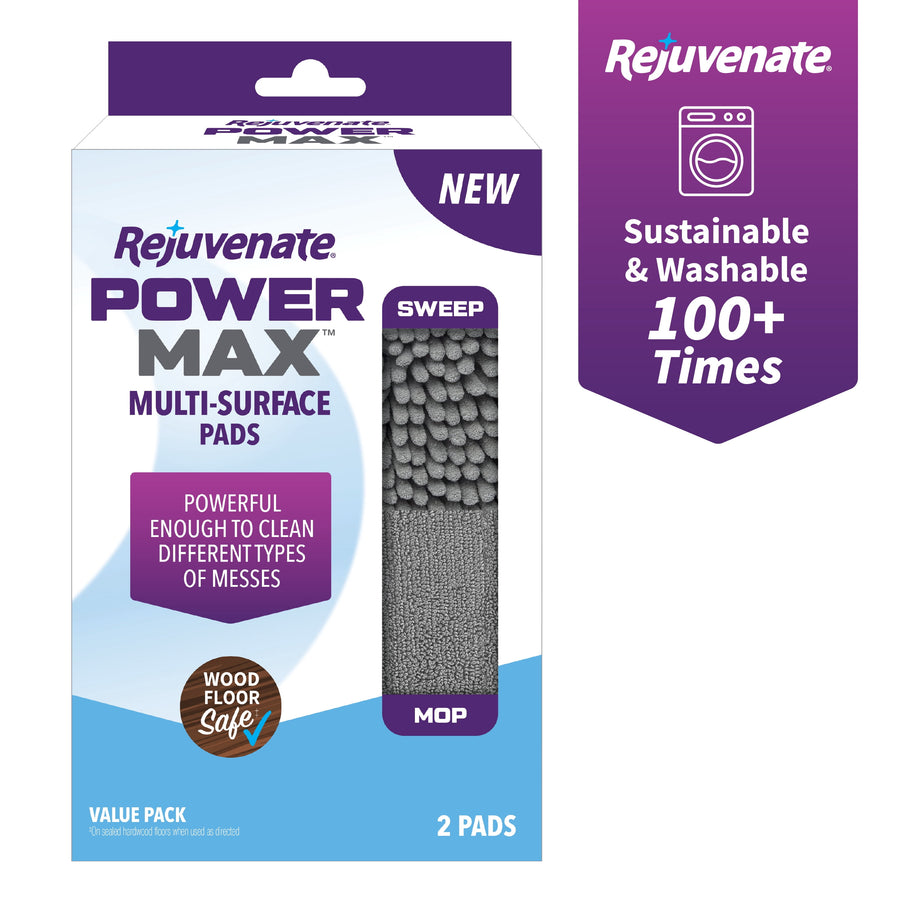 Boxed Rejuvenate PowerMax multi-surface pads value pack with visible mop pad through window and product branding