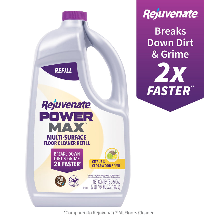 Plastic refill jug of Rejuvenate PowerMax multi-surface floor cleaner with citrus & cedarwood label on white background