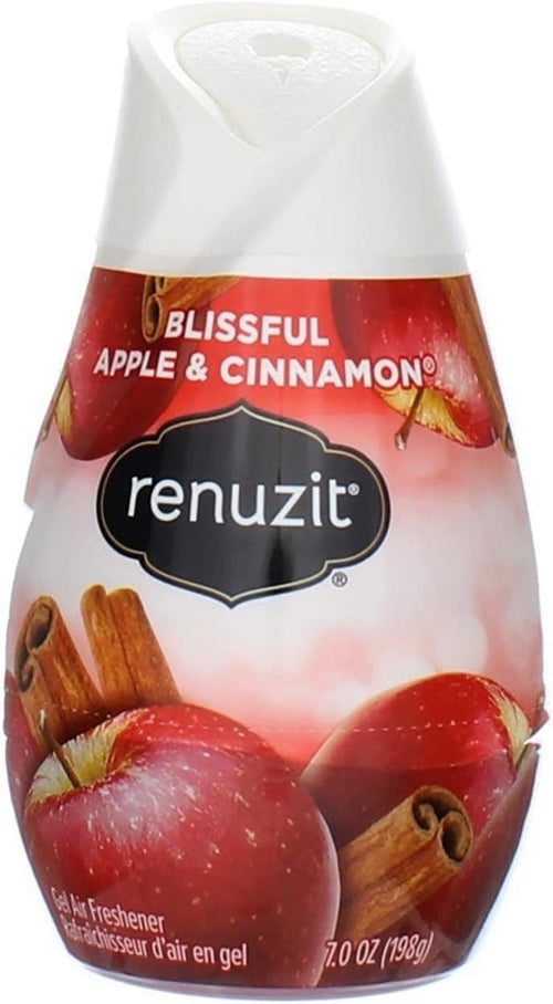 Close-up of a Renuzit Blissful Apple & Cinnamon gel cone air freshener with apples and cinnamon art