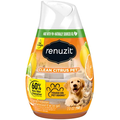 Renuzit Clean Citrus Pet gel air freshener bottle with citrus imagery and pet icon on front label