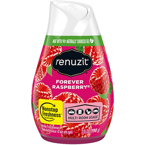 Renuzit Forever Raspberry gel air freshener bottle with raspberry graphics and Nonstop Freshness label