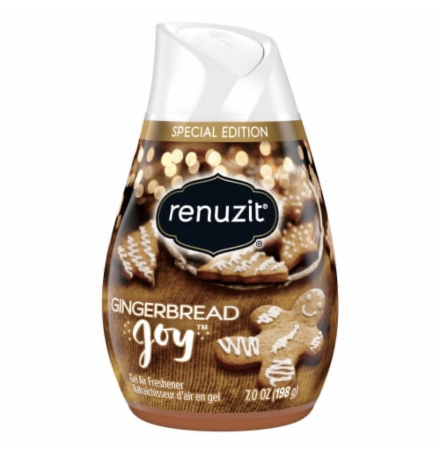 Renuzit Special Edition Gingerbread Joy adjustable gel air freshener in decorated brown packaging with gingerbread cookies and festive lights.