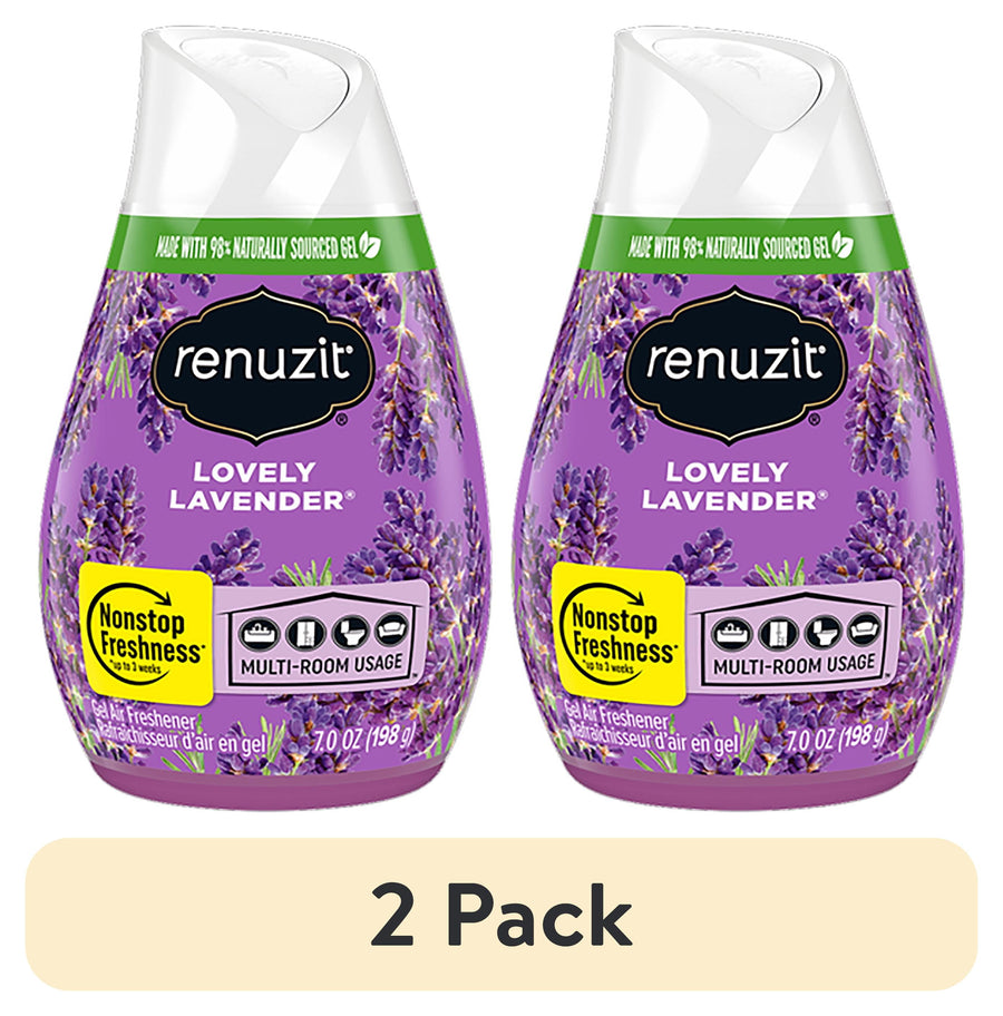 Two Renuzit Lovely Lavender gel air freshener containers side-by-side with a "2 Pack" label beneath