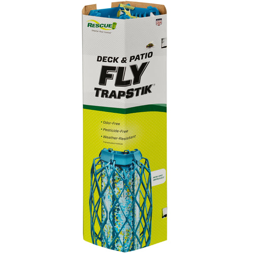 Tall retail box for RESCUE! Deck & Patio Fly Trapstik showing product image and branding