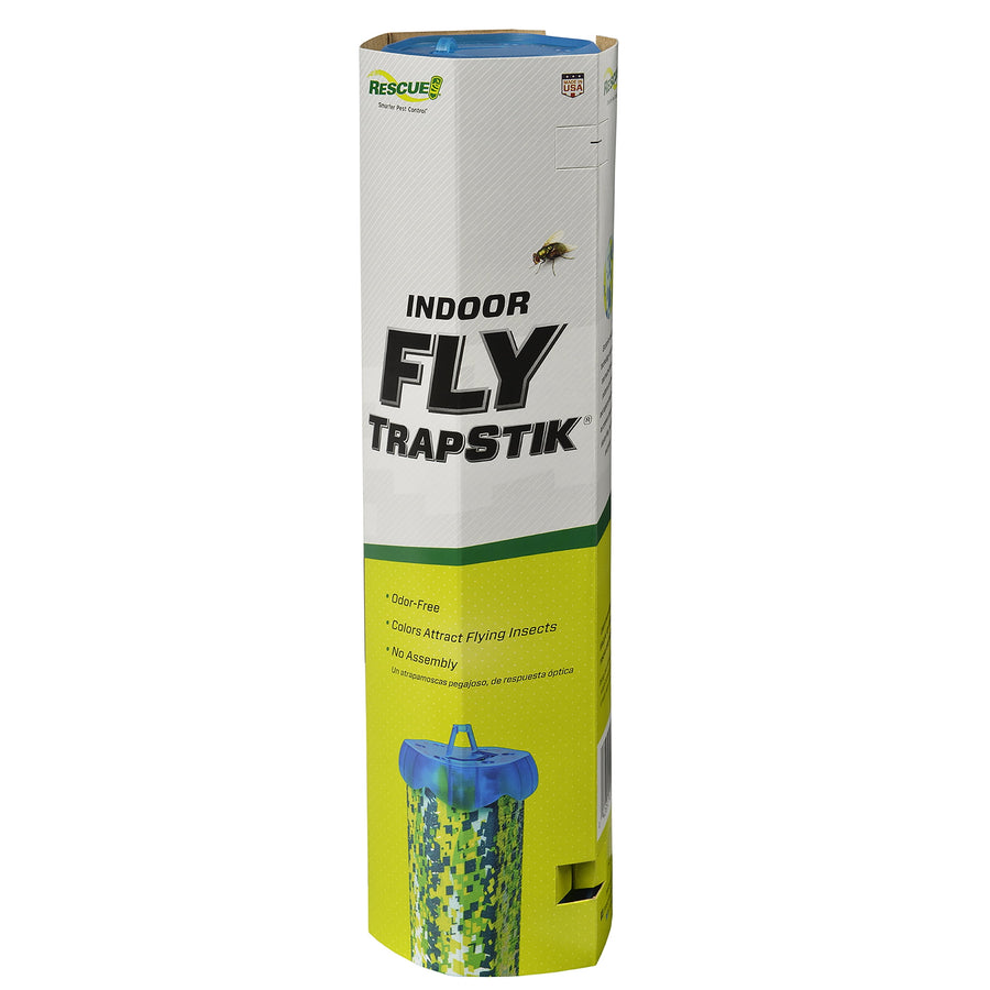 Tall rectangular retail packaging for RESCUE! Indoor Fly TrapStik with green and white design and product image