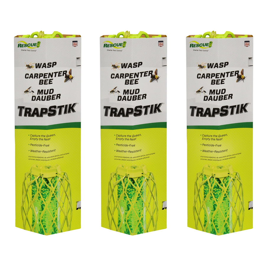 Three boxed RESCUE! TrapStik insect traps in a row showing product name and green adhesive stick graphic