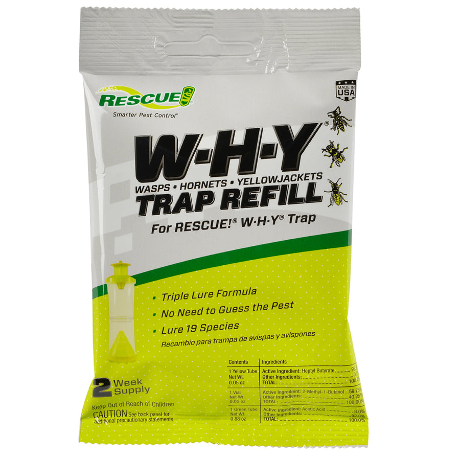 Front of Rescue W-H-Y trap attractant refill pouch with green and yellow branding and product details