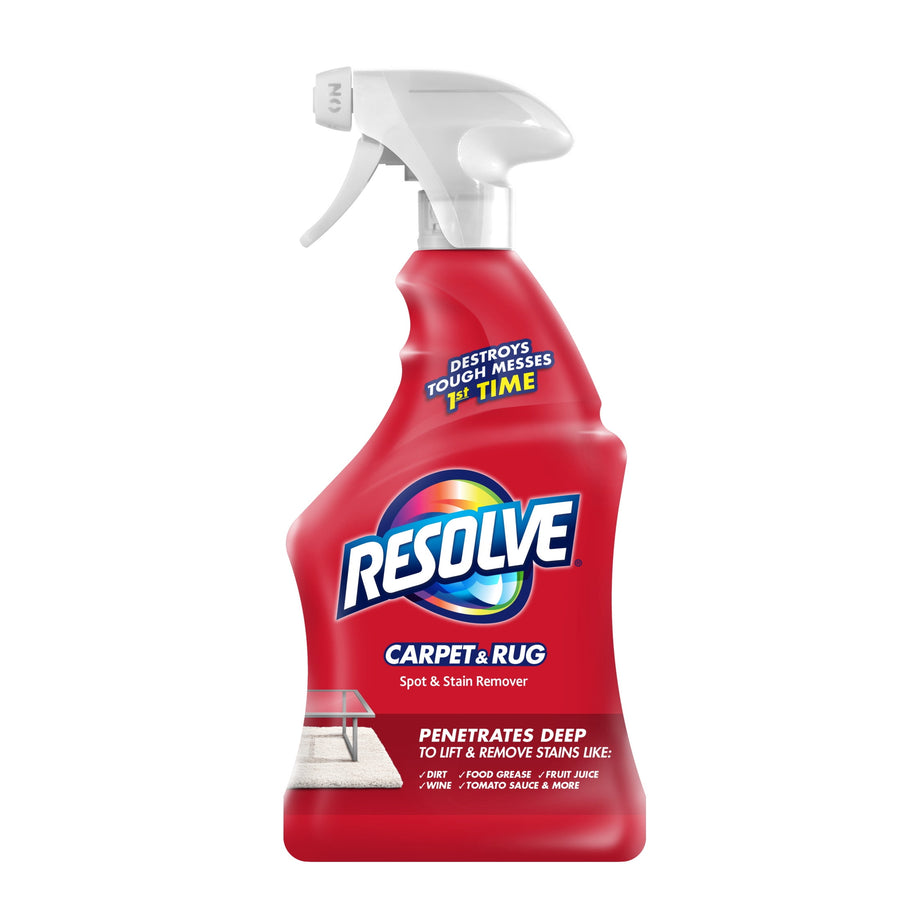 Red Resolve Carpet & Rug spot and stain remover trigger bottle on white background with visible logo