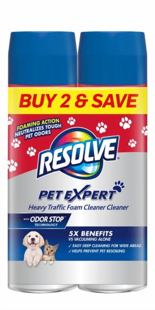 Two Resolve Pet Expert heavy traffic foam cleaner cans side-by-side with a yellow "BUY 2 & SAVE" band and paw print graphics