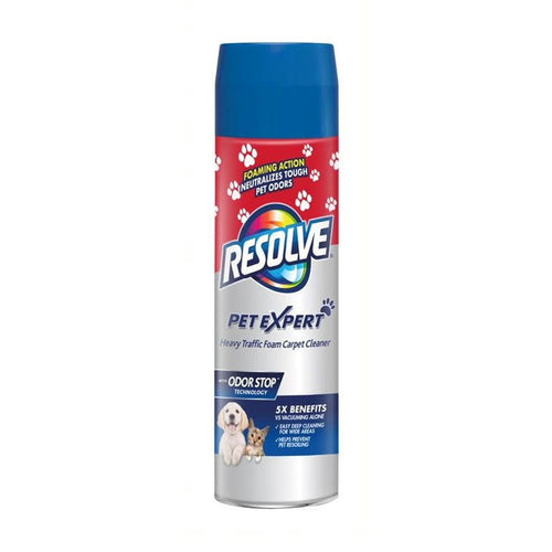 Tall aerosol can of Resolve Pet Expert heavy traffic foam carpet cleaner with blue cap and paw graphics