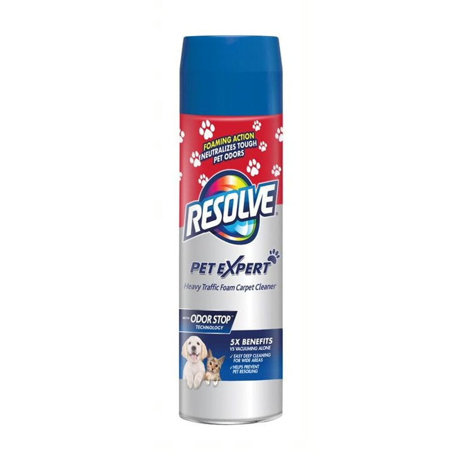 Tall aerosol can of Resolve Pet Expert heavy traffic foam carpet cleaner with blue cap and paw graphics