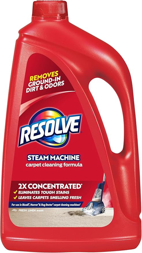 Red Resolve steam machine carpet cleaning formula jug with label reading 'Resolve' and 2x concentrated claim
