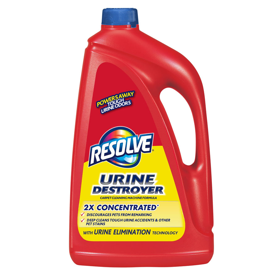 Red plastic jug of Resolve Urine Destroyer carpet cleaning solution with yellow label and blue cap
