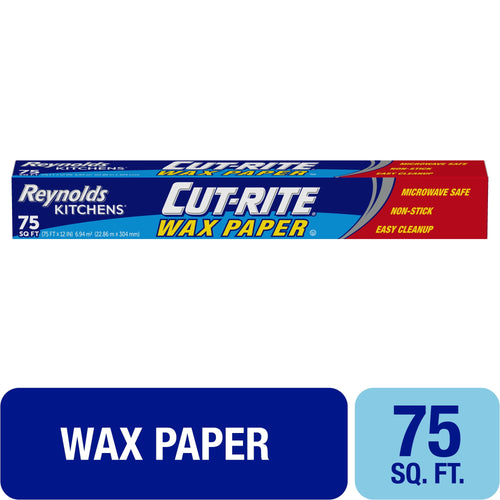 Reynolds Kitchens Cut-Rite wax paper box showing branding and 75 sq. ft. label on white background