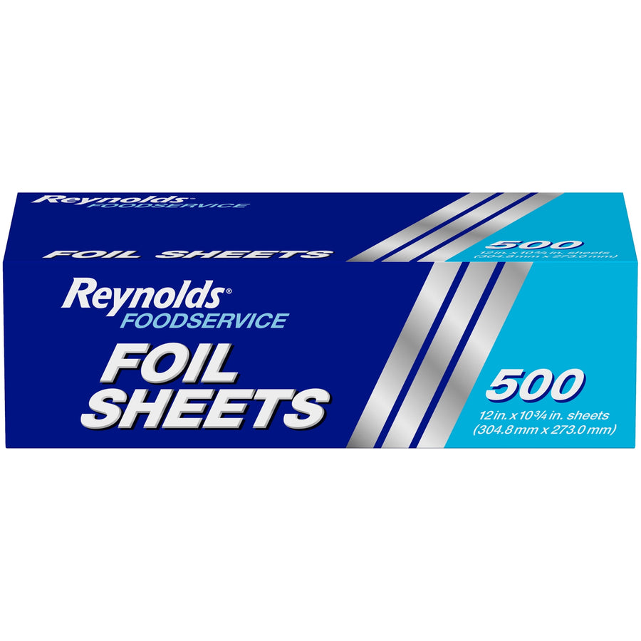 Reynolds Foodservice foil sheets retail box with blue packaging and silver stripe, showing '500' count on corner