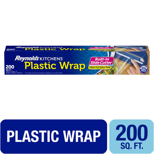 Long rectangular Reynolds Kitchens plastic wrap box with blue design and 'Plastic Wrap' label, 200 sq. ft. callout