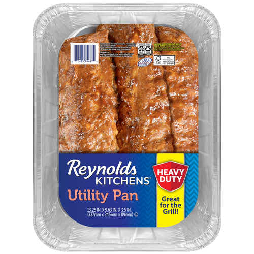 Top-down view of a Reynolds Kitchens heavy-duty disposable aluminum utility pan with label and ribs inside