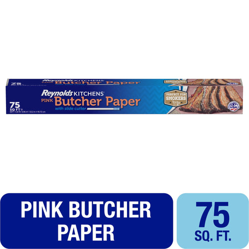 Long boxed roll of Reynolds Kitchens pink butcher paper showing packaging artwork and slide cutter area.
