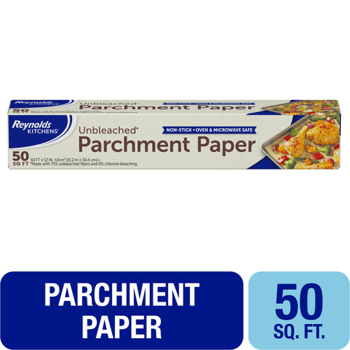 Reynolds Kitchens unbleached parchment paper box shown front-on with product name and 50 sq ft callout