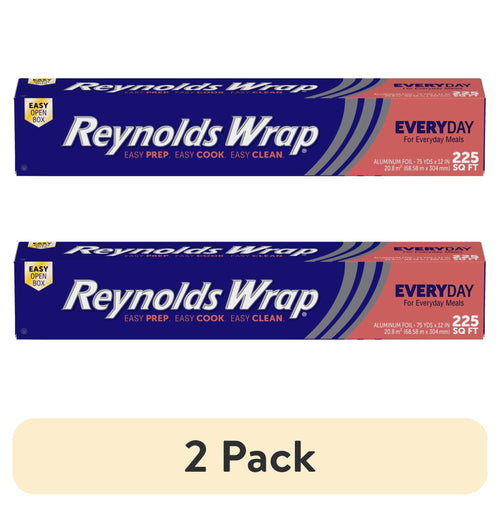 Two Reynolds Wrap Everyday aluminum foil boxes shown stacked horizontally with brand logo and 225 sq ft callout