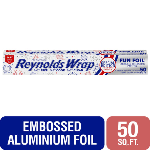Reynolds Wrap branded box of embossed aluminum foil with red and blue fireworks pattern and product callouts