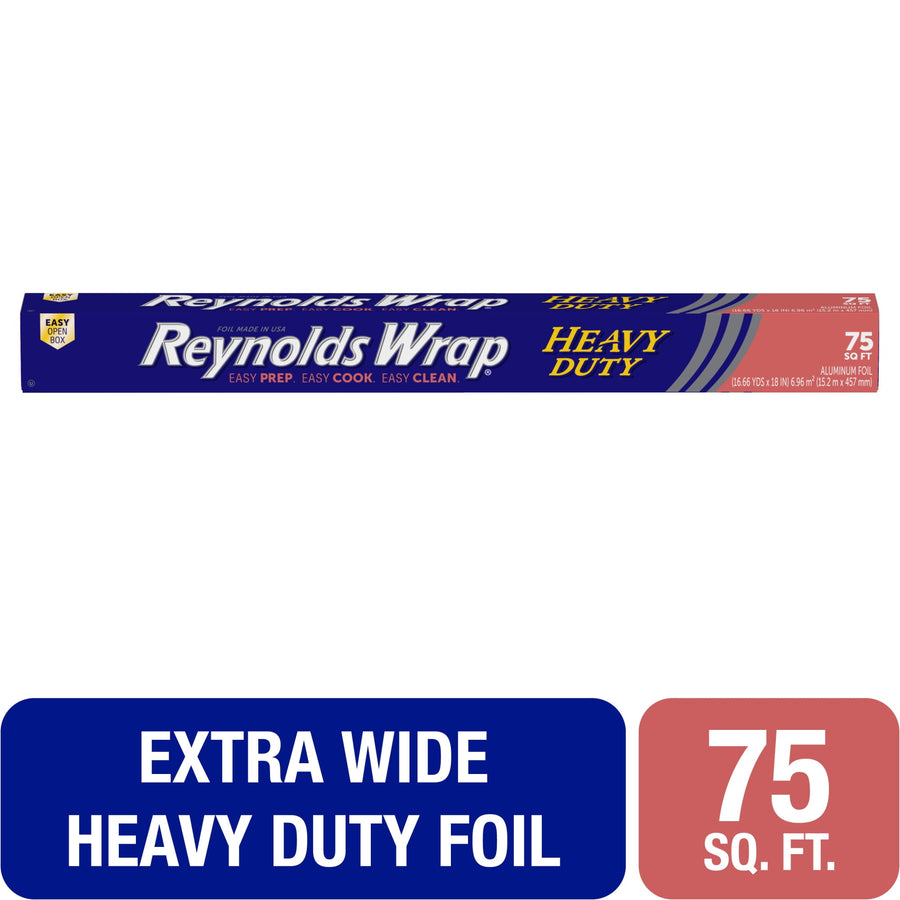 Reynolds Wrap Heavy Duty aluminum foil long box with blue and red packaging and 75 sq. ft. label